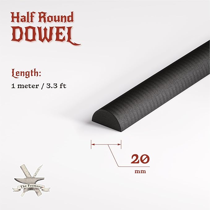 The Foamory's No Waste Half Round EVA Foam Dowel. 5-25mm x 1M High-Density Black Craft Foam Stick. Pre-Cut for Quick Cosplay Armor Trim, Weapon Enhancement and Costumes. Time Saving, Paint-Ready Bevel