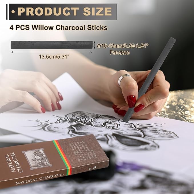 MECCANIXITY Willow Charcoal Sticks, 10-13mm Willow Charcoal Pencils Soft Sketch Vine Art Supplies Set for Drawing Sketching Shading Painting Artists Beginners (Black, Pack of 4)