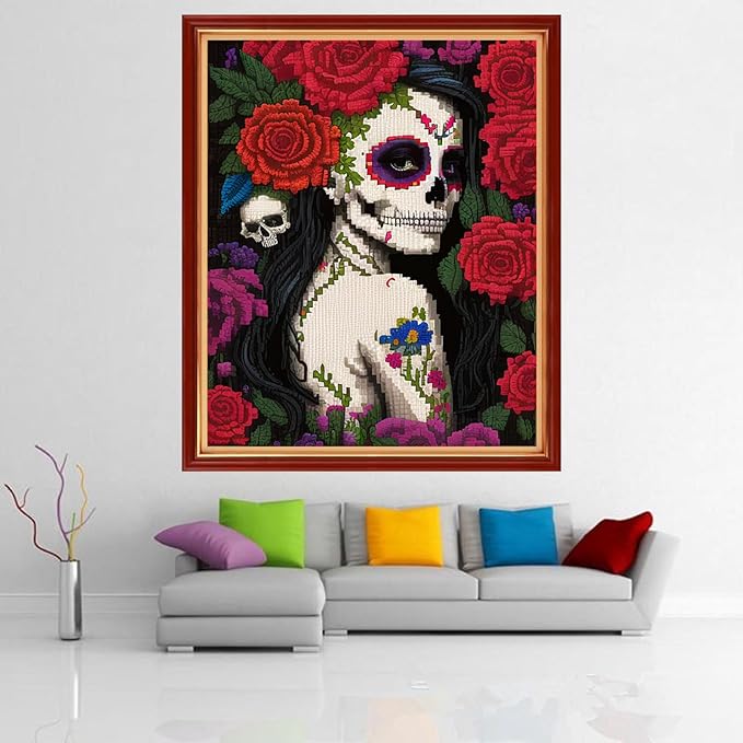 Dimensean Stamped Cross Stitch Kits Full Range of Embroidery Patterns Starter Kits for Beginners Adult or Kids DIY Cross Stitches Needlepoint Kit 11CT-Flower Skeleton Girl 16x20 inch
