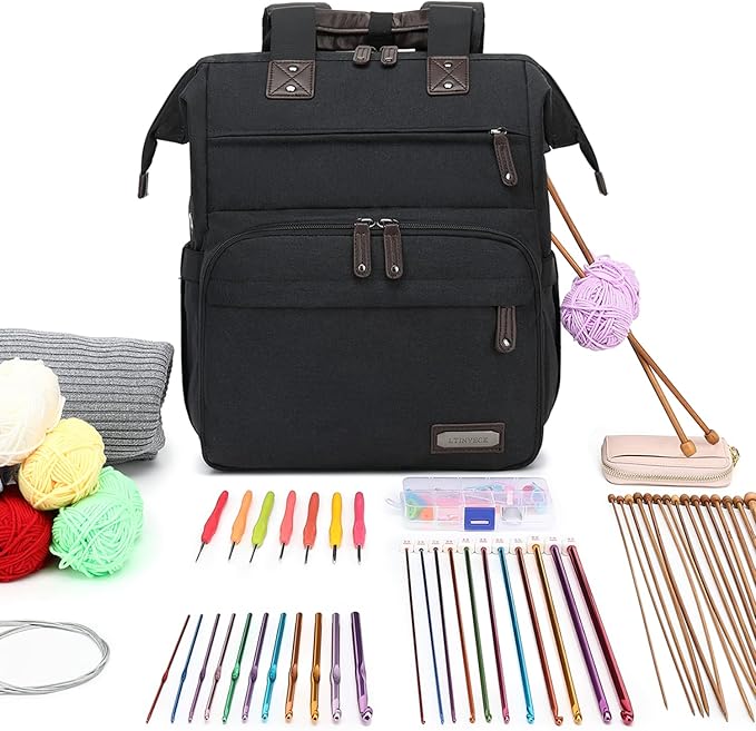Crochet Backpack,Knitting Bag Backpack Yarn Storage Organizer Travel Crochet Bag with USB Charging Port,Yarn Tote Bag Yarn Holder Case for Knitting Needles, Crochet Hooks,Crochet Accessories,Black