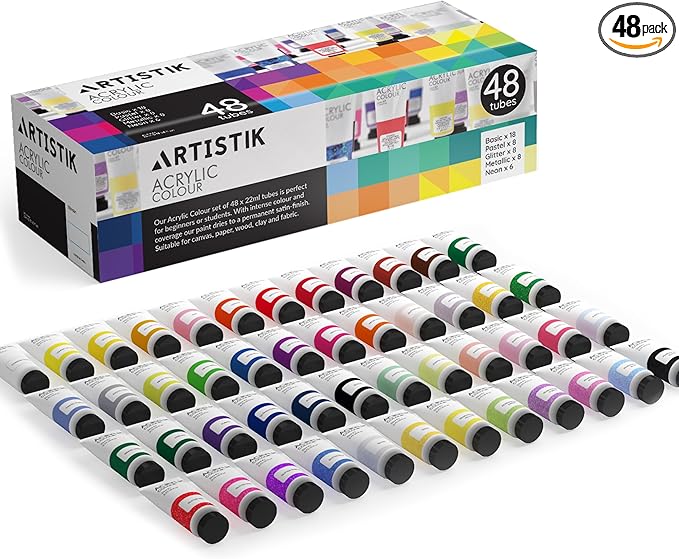 Acrylic Paint Set - 48 Piece Set (48 x 22ml) Tubes in Rich Vibrant Colors - Pigments Formulated for Opaque, Vibrance Perfect for Beginners, Students, Professionals, Artists Painting Different Mediums