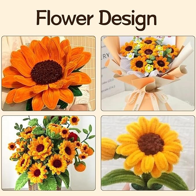 500 Pcs Pipe Cleaners Craft，5 Colors Pipe Cleaners Bulk,Chenille Stems Flowers Craft kit for DIY Handmade Bouquet Wrapping Party Decorations whit Ribbons，Stems,Tape，Stamens, Glue Sticks (Sunflower)