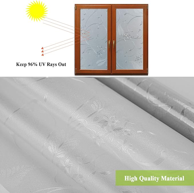 Mikomer Privacy Window Film Etched Flowers Static Cling Glass Door Film, Non Adhesive Heat Control Anti UV Window Cling for Office and Home Decoration,23.6 inches by 78.7 inches