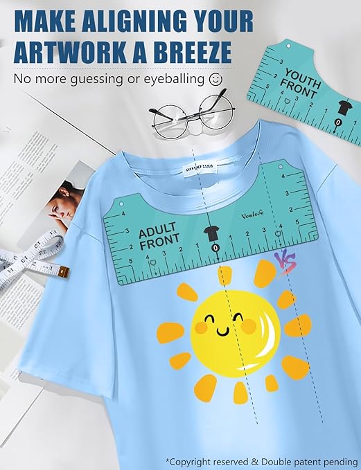 Vowlove Tshirt Ruler Guide for Vinyl Alignment - T Shirt Measure Rulers Guide, Shirt Measurement Centering Tool Heat Press Screen Printing V-Neck Embroidery Accessories Sublimation Blanks Product