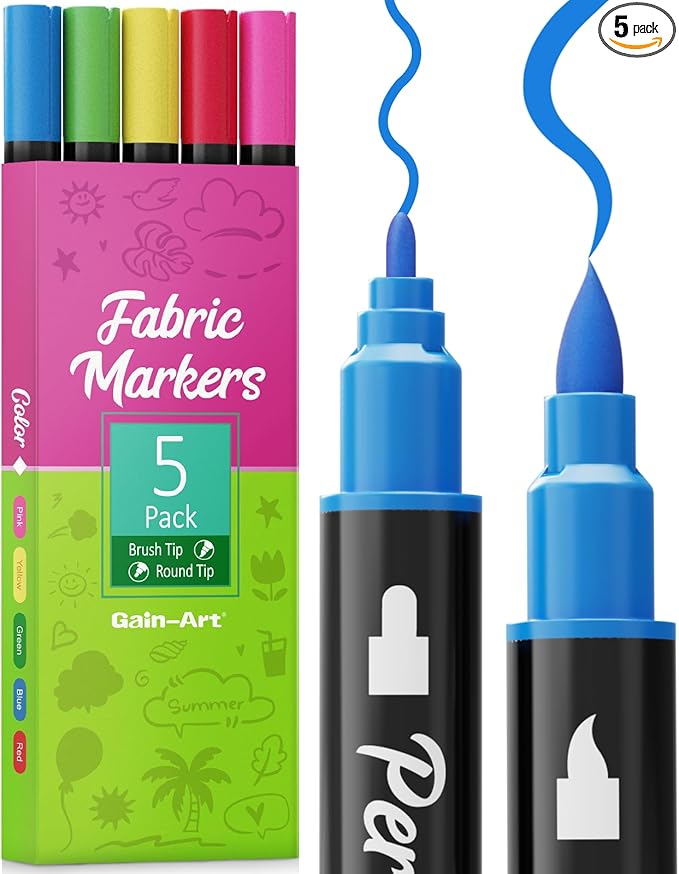 Fabric Markers Permanent for Clothes, Dual Tips Fabric Paint Pens No Bleed for Canvas, T-Shirts, Bags, and Textile - Quick Dry & Non-Toxic for Kids Adults, 5 Pack