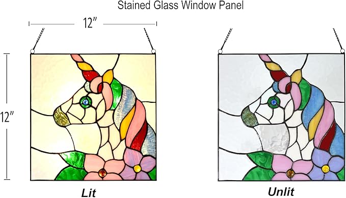 PA0003 Stained Glass Window Panel 12" Wx12 H Window Suncatcher Tiffany Style Window Hanging, Unicorn Home Hanging Decorations for Girls Kids Bedroom Birthday Party Decoration