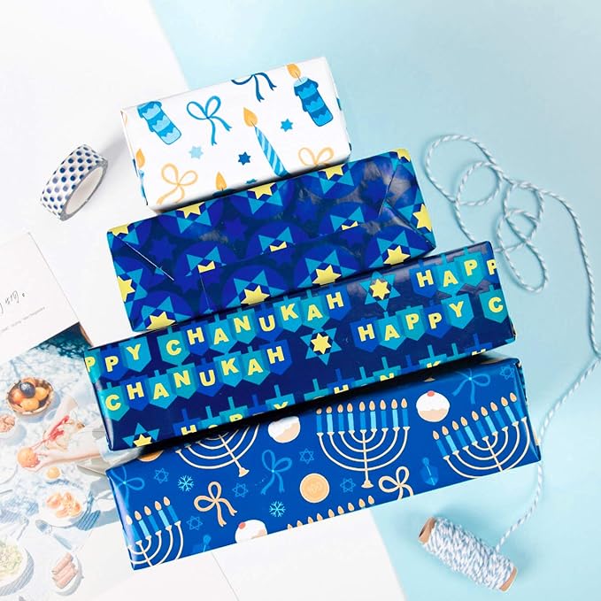 WRAPAHOLIC 30 Inch Hanukkah Wrapping Paper Roll - Jumbo Roll Menorahs, the Star of David, Candles Design for Chanukah Celebration - 4 Rolls - 30 Inch x 120 Inch Per Roll