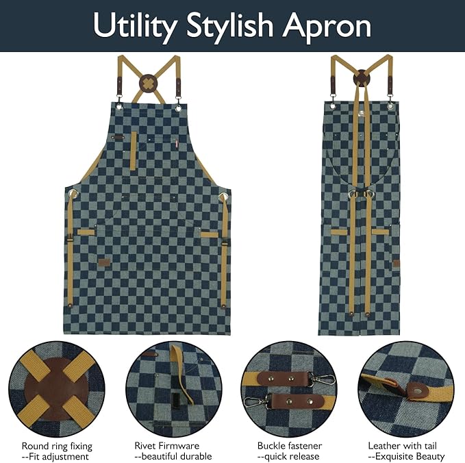 Kitchen Apron, Work Apron, Canvas, Multiple Pockets, Gardening, Painting, BBQ, Artist, Carpenter, Sizes M to XXL, Checkered Denim