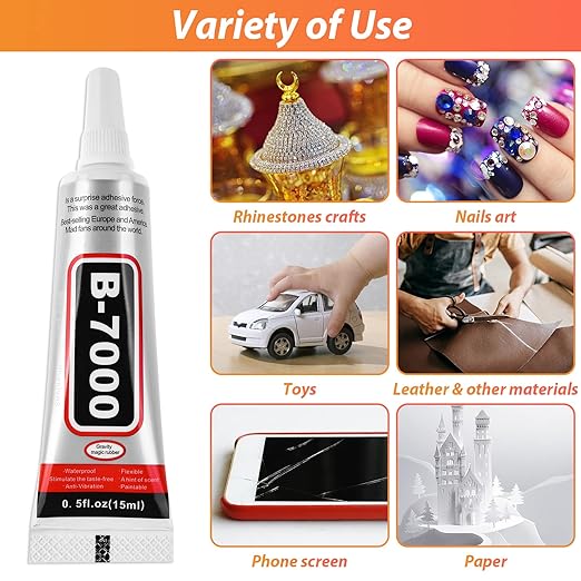 B7000 Clear Adhesive with Precision Tips, 5 PCS B-7000 Jewelry Bead Glue for Diamond Rhinestone Applicator Tools Set - Strength Adhesive for Nail Art DIY Crafts Clothes Shoes Bags