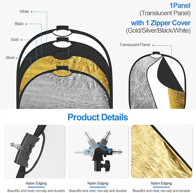 WELLMAKING 35''x47'' (90x120cm) Reflector Photography with Threaded Handle, Collapsible Light Reflector with Bag & tilt Adapter, 5in1 Reflector for Studio - Translucent, Silver, Gold, White and Black