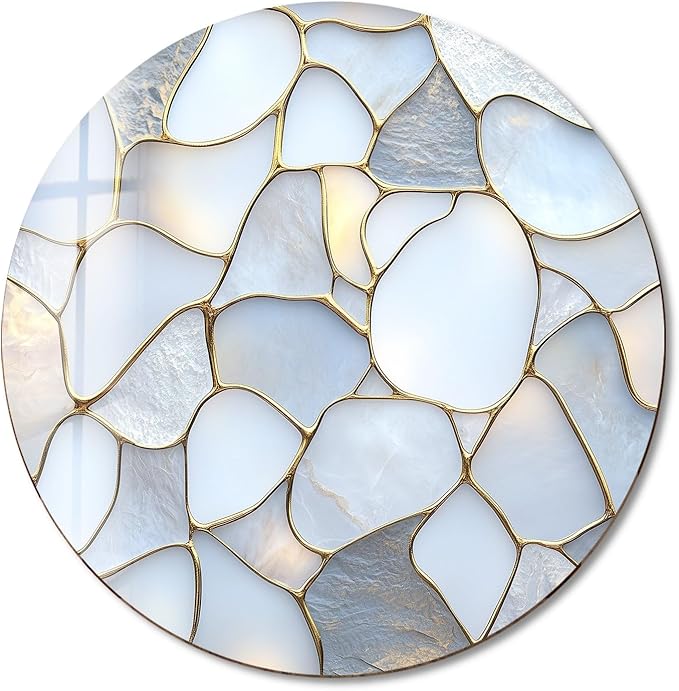 My Photostation.com 31.5''(80cm) Diameter White Stone Mosaic Round Glass Wall Art Tempered Glass Printing Wall Decor Large Wall Art Wall Hangings