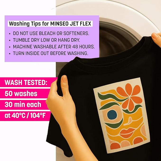 MINSEO Jet Flex Premium Opaque Heat Transfer Paper for Dark Fabric (5 Sheets 8.5x11") Printable Iron-on Transfer Vinyl for Inkjet Printer (Made in Korea)
