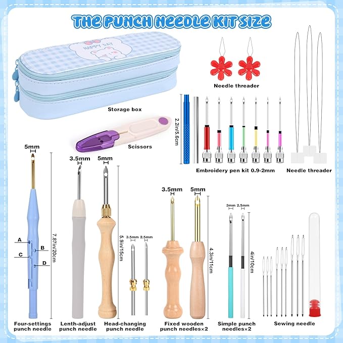 35Pcs Punch Needle Kit Adult Beginner, Adjustable Punch Needle Tool with Different Size Needles & Storage Case, Wooden Handle Embroidery Pen Set for Decoration, Gifts & DIY Craft Project