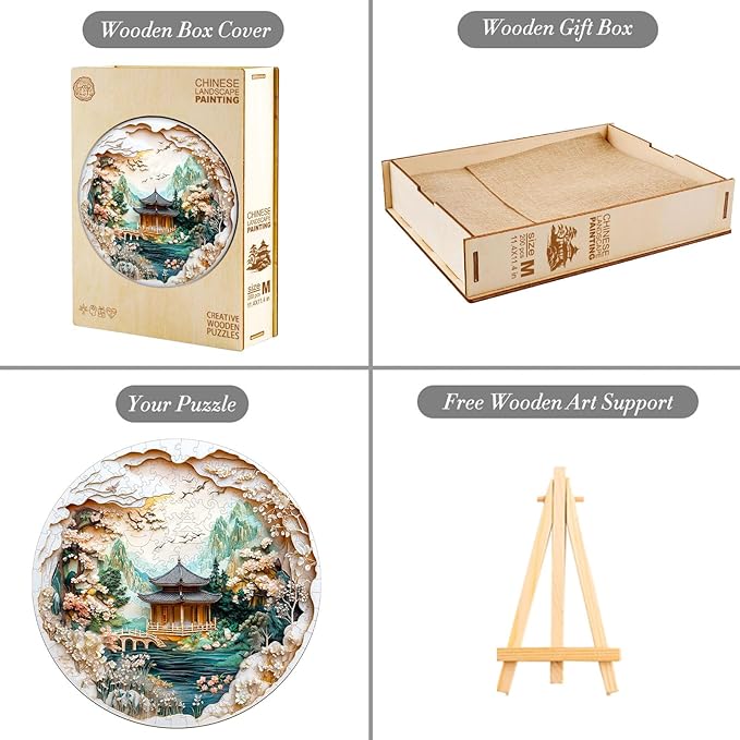 KAAYEE Wooden Puzzles for Adults, 3D Visual Effect Chinese Landscape Painting Wooden Jigsaw Puzzle Unique Shape Wood Puzzle Adult, 3D Effect Flat Puzzle Birthday Family Games (M-11.4*11.4 in-200pcs)