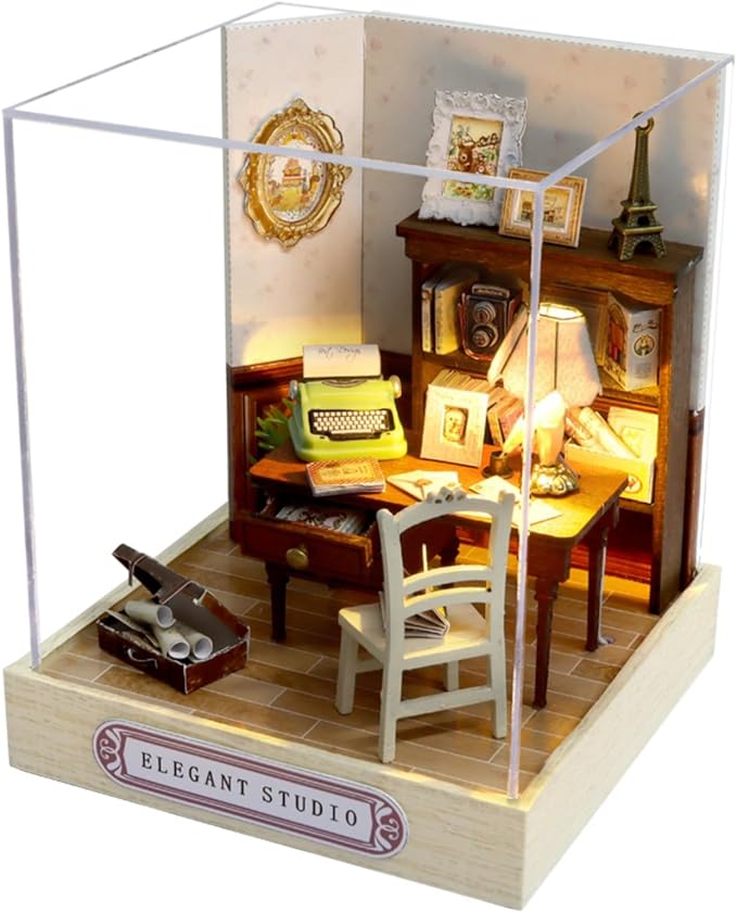 DIY Miniature House Kit, Mini House Building Kit with LED & Dust Cover, DIY Wooden Dollhouse Miniature Kit for Adults Teen, Wooden Crafts Lovely Dollhouse Kit, Elegant Studio
