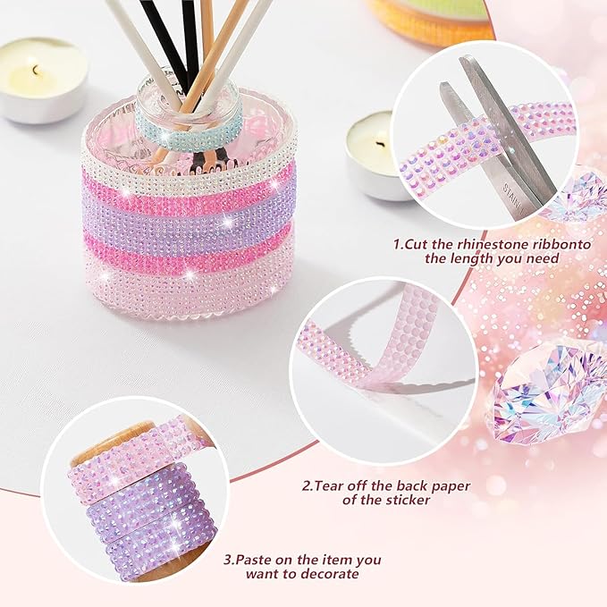 Rhinestone Ribbon Self Adhesive, 10-Rolls Bedazzling Strips, 10-Yard Rhinestone Strips for DIY Craft, Rhinestones for Crafting, 10 Colors