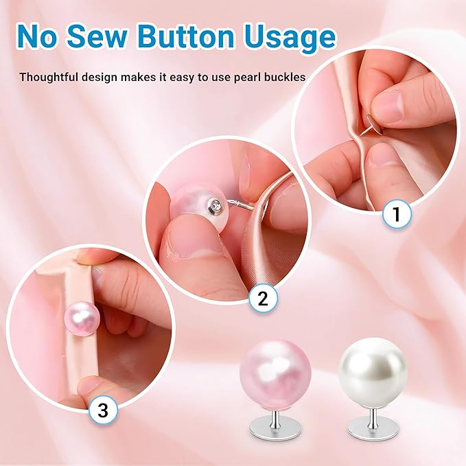 50 Sets Pearl Buttons No Sew Buttons for Clothes, 10mm Pearl Brooch Pins Reusable for Women, White Safety Pins for Dresses, Shirts, DIY Crafts, Fashion Decorative Accessories