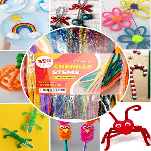 Performore Colorful Pipe Cleaners Craft Set 350-Pack Chenille Stem Wires in 35 Bright Colors 5mm Thick Reusable Twistable Fuzzy Sticks DIY Art Supplies for Kids & Classrooms