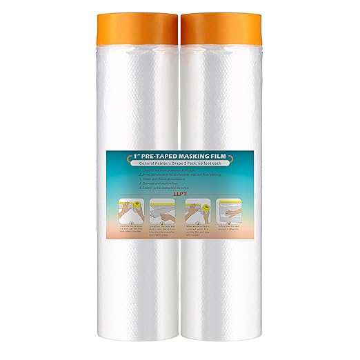 LLPT Tape and Drape 78.7”(Unfolded) x 66 Ft Each 2 Pack Pre-Taped Masking Film 0.27 Mil Painters Plastic Drop Cloth for Auto Wall Furniture Painting Protection (MFT2002)