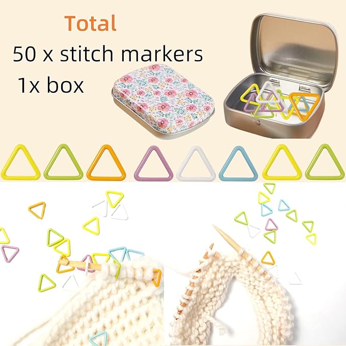 Round Shape Knitting Stitch Markers,50Pcs Multicolor Metal Stitch Markers with Floral Design Small Tin Box