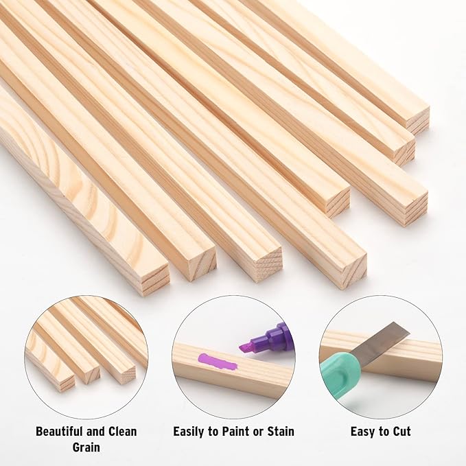 Square Wooden Dowel Rods, 10 PCS 5/8" x 12" Square Wood Dowel Rods Wooden Sticks for Crafts, Unfinished Hardwood Sticks Wood Strips for Woodworking, Crafting, Arts and DIYers, Home Decor, Model Making
