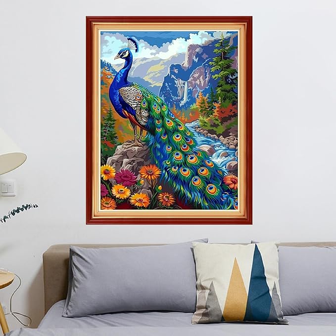 Stamped Cross Stitch Kits - Beach Night Landscape Counted Cross Stitch Kits for Beginners Adults Needlepoint Cross-Stitch Patterns-Peacock Scenery 16x20 inchs