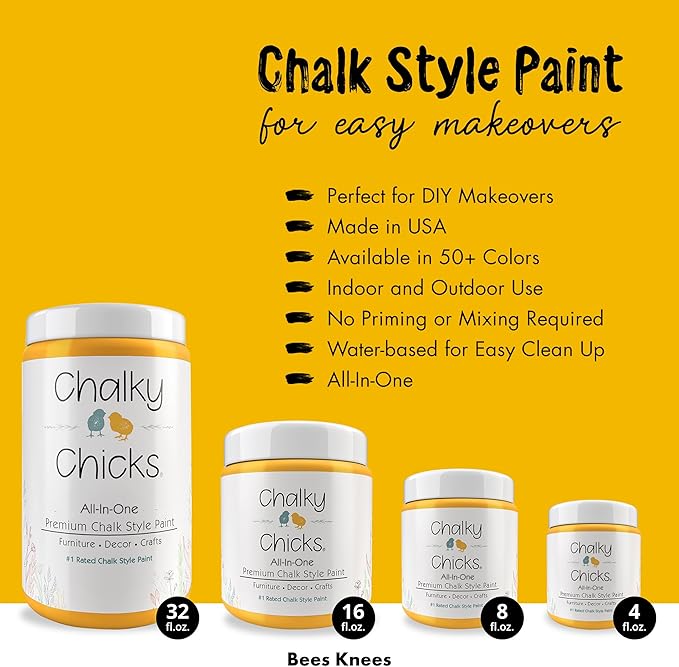 Chalky Chicks All-in-One Chalk Paint for Furniture or Cabinet - 16 Fl Oz - Matte Finish Bees Knees (Yellow) for Metal, Wood Furniture Paint - No Sanding All-in-One for Home Decor & Crafts, USA Made
