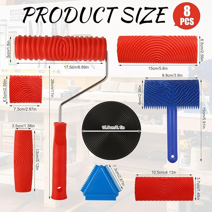 8 PCS Wood Grain Tool Set, 7" Textured Pattern Roller with Handle, Rubber Wood Graining Tool for Wall Floor Furniture Wood Pattern Art Decoration