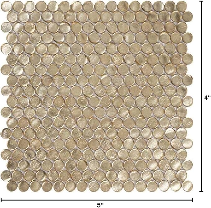 1.03 sq ft/Piece Pack of 1,Glossy Gold Glass Penny Round Mosaic Tiles – 12.2" x 12.2" Mesh-Mounted Sheets, Not Peel & Stick - Kitchen Backsplash, Shower Wall, Bathroom, Fireplace, Interior Decor
