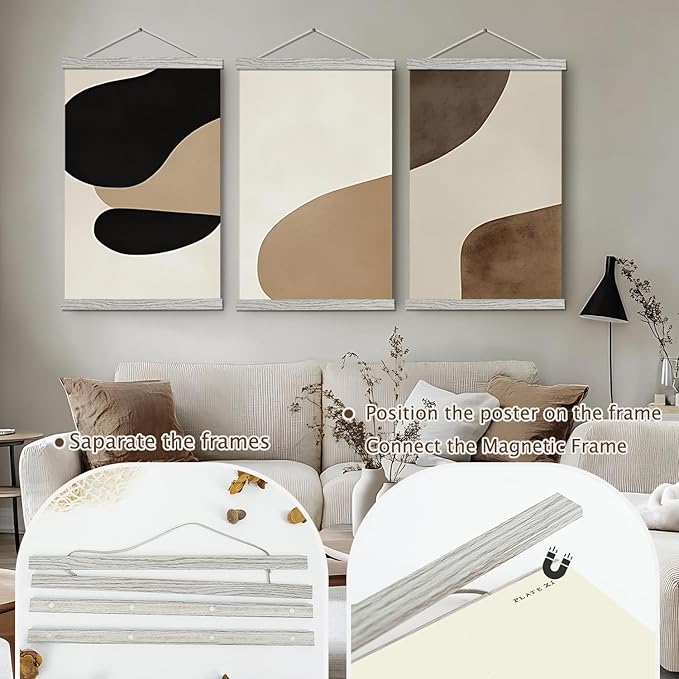 Artmag Magnetic Poster Hanger Frame, 13x19 13x22 13x24 Light Wood Wooden Magnet Canvas Artwork Print Poster Hangers Frames Hanging Kit (Grey, 13")