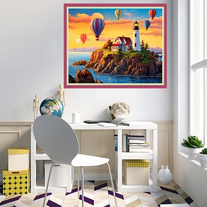 Disnesart Cross Stitch Stamped Full Embroidery Kits DIY 11CT Cotton Thread Printed DIY Needlepoint Kits Craft Needlework Set Cross-Stitch Stamped Sets-Seaside Lighthouse hot air Balloon 16x20 inch