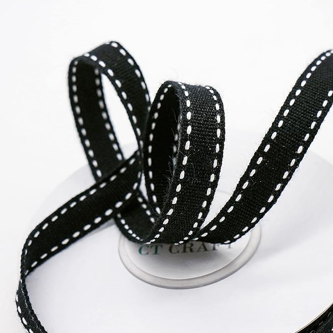 CT CRAFT LLC Black Cotton White Stitched Ribbon 3/8" x 10 Yards for Home Décor Gift Present Wrapping DIY Crafts Birthday Wedding Bouquet Christmas