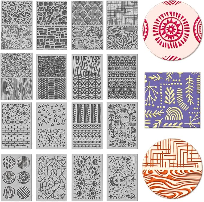CHGCRAFT 16 Sheets 16 Styles Natural Knitted Texture Polymer Clay Texture Mat Sun Moon Stars Modeling Pattern Pad Bohemian Texture Sheets for Polymer Clay Making Earrings Jewerly Tools, 4×2.6 inch