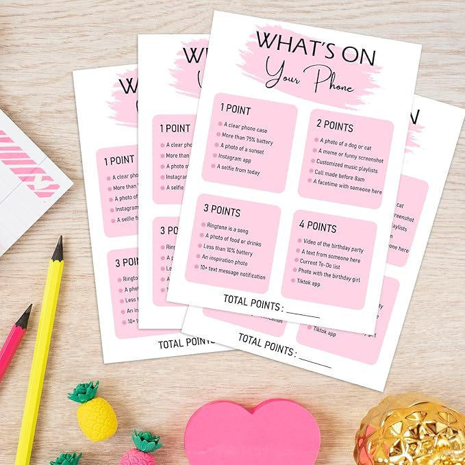Birthday Party Game - What's On Your Phone,Birthday Party Activity Favor, Set of 20 Games Cards, Birthday Supplies, Activity, Decorations -B02