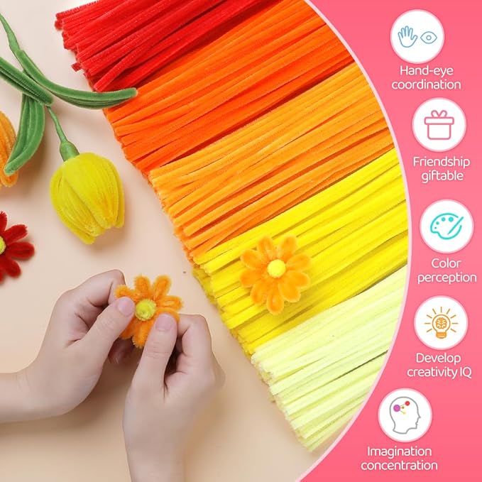 IOOLEEM Orange Pipe Cleaners,200pcs in 5 Colors, Chenille Stems for Art and Craft Projects,Flower DIY Decorations