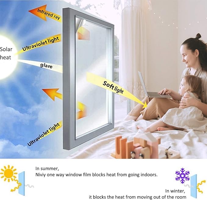 Niviy One Way Window Film Daytime Privacy Mirror Effect Reflective Window Tint for Home Self Adhesive UV Sun Blocking Heat Control Glass Door Films 11.8 x 78.7 inches Silver