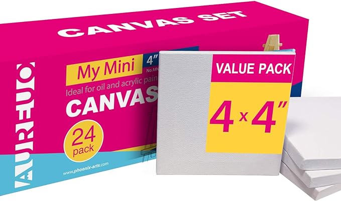 AUREUO Mini Stretched Canvas - 4x4 Inch/24 Pack - 2/5 Inch Profile Small Square Canvas - Gift Set Bulk Pack Canvases for Acrylic Painting & Craft