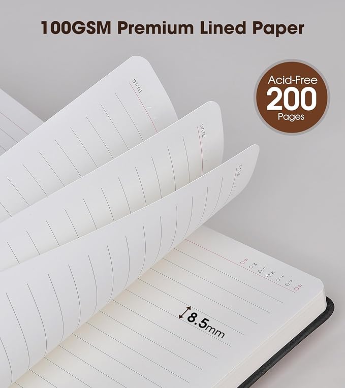 Black A5 Lined Leather Journal Notebook for Men Women,5.9" X 8.4" Personalized Hardcover Journal with Pen,200 Pages 100 Gsm Thick Ruled Paper Daily Diary for School,Travel,Work,Writing