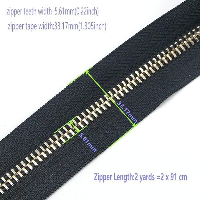 #5 Antique Brass Metal Zippers by The Yard Bulk 2 Yards Black Tape with 10 pcs Sliders Handmade Zipper for Sewing Craft Bag Backpack, Wallets, Purses Leekayer