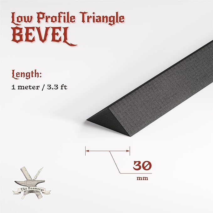 The Foamory's Instant Edge EVA Foam Pre Cut Low Profile Triangle Bevel. 5-30mm x 1M Black EVA Beveled Trim Saves Time on Cosplay, Costume Edges and Armor Detail. High Density 85kg/m³ Craft Foam Dowel