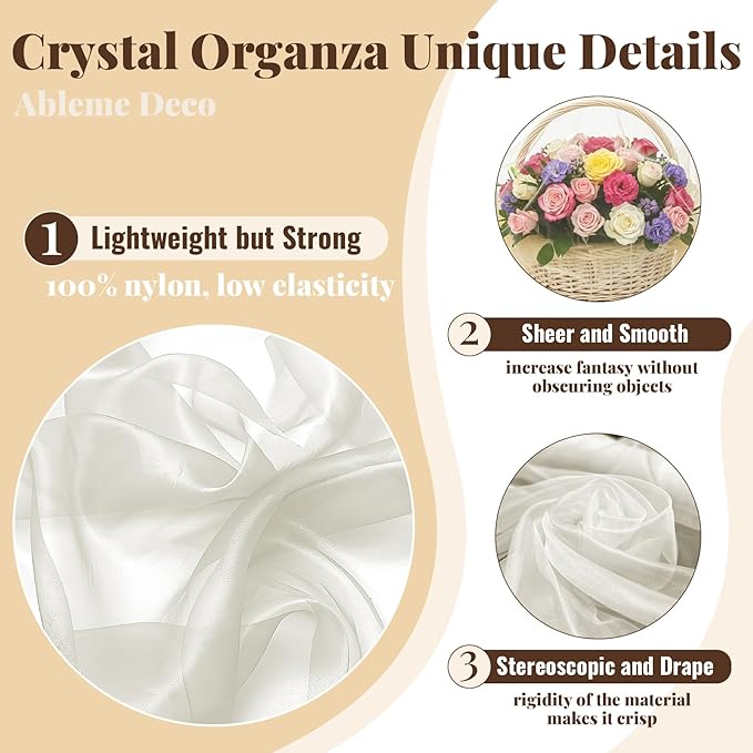 Organza Fabric by The Yard, 60 Inch Wide 3 Yards (9 ft) Long Sheer Fabric for DIY Sewing Projects Wedding Decorations Party Backdrops Curtains (Ivory)