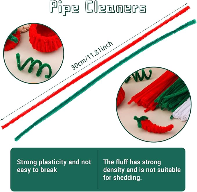 kdafio 120 Pieces Pipe Chenille Stems, Christmas Solid Color Pipe Cleaners Set for DIY Arts Crafts Decorations (Red+Green)