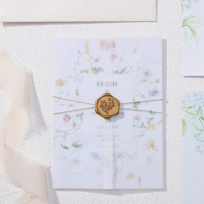 UNIQOOO 50 Sets Pre-Folded Vellum Jackets for 5x7 Invitation & Gold Eucalyptus Wax Seal Stickers, Wedding Invitations Wraps Bulk for Wedding Bridal Baby Shower Envelopes