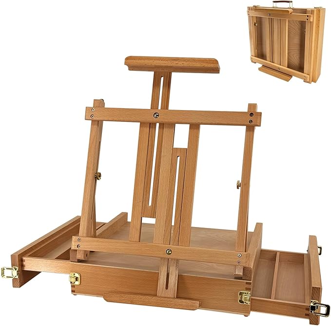 Large Sketchbox Table Top Easel with Dual Dawers- Adjustable Solid Beech Wood Artist Desktop Easel with Storage Holds Canvas up to 34'' High, for Markers, Sketch or Draw