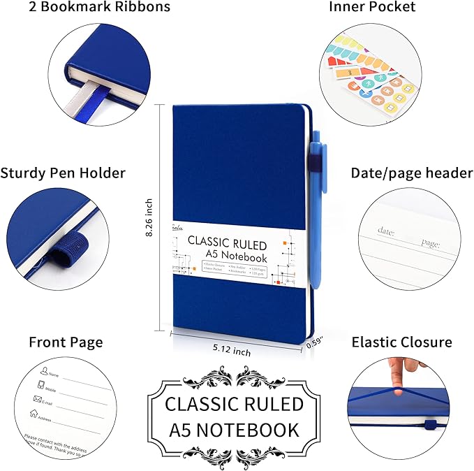 feela 5 Pack Journal Notebook Bulk for School, Hardcover Business Notebooks Classic Ruled Lined Journals with Pen Holder for Work Note Taking, with 5 Black Pens, 120 GSM, 5.1”x8.3”, A5, Navy