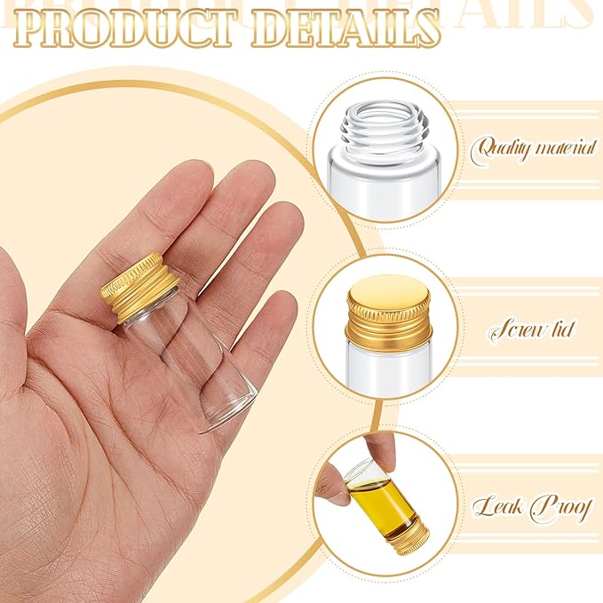 100 Pcs Small Clear Vials Spice Mini Jars with Lids Mini Glass Bottles with Screw Aluminum Metal Caps Tiny Jars Sample Containers for Powder Cream Cosmetic Jewelry Wedding(10 ml,Gold Caps)