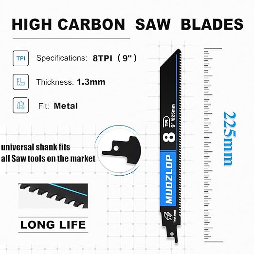 3 Pack 9 inch Reciprocating Saw Blades Set，8 TPI High Carbon Saw Blades for Metal ，Saw Blades with Organizer Case (3, 8T/9inch)