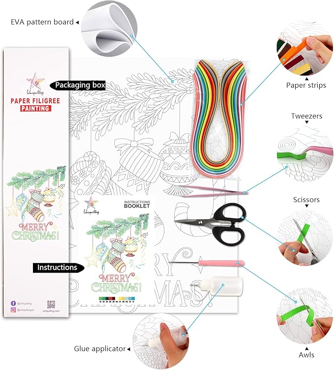Uniquilling Christmas Quilling Kits, Paper Quilling Kit with Quilling Tools& Using Manual, 16 * 20-in Christmas Decorations Paper Filigree Kits, DIY Quilling Christmas Gifts for Friends Family