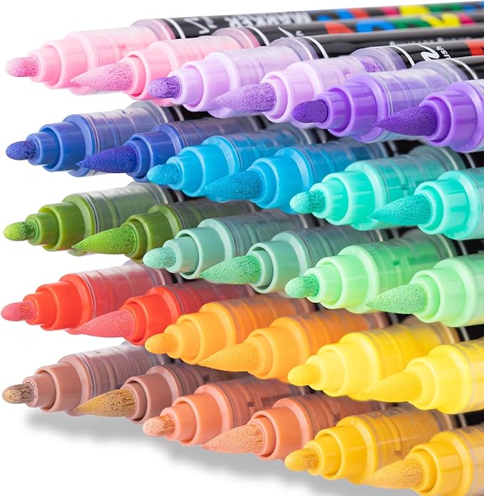 Guangna 36 Colors Acrylic Paint Markers, Dual Tip Paint Markers Pens Set with Soft Brush Tip, Multifunctional Fine Tip Markers for Wood,Canvas,Rock Painting, Glass, Diy Crafts Art Supplies, Waterproof