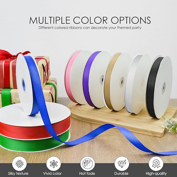 50 Yards 3/8 inch Grosgrain Ribbon, Solid Color Fabric Ribbon Perfect for Gift Wrapping, Wedding, Handmade Bows, Floral Bouquets and Party Decoration(Black)